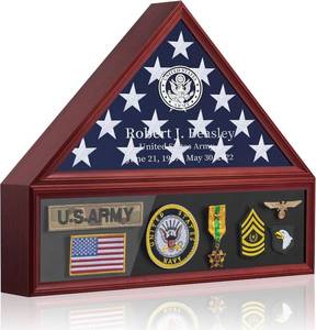 lot 121577 image: Retails for $120 DIY Personalized Flag Display Case for 5x9.5 Burial Flag - Glass Front Veteran Flag Display Box, Solid Wood, Wall Mount Military Memorial Shadow Box with Metal Letters and Logo Stickers - Red