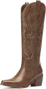 lot 121580 image: Pasuot Western Cowboy Boots for Women - Knee High Wide Calf Cowgirl Boots, Slip On Pointed Toe Chunky Heel Fashion Retro Classic Pull On Tall Boot for ladies Party concert