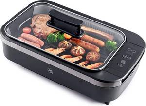 lot 121588 image: X&E Smokeless Indoor Grill, 1500W Non-Stick Removable Grill Rack & Pan, Adjustable Temperature up to 450 F, Fast Heat Up, Dishwasher Safe, Ideal for Steaks, Burgers, Fish & Veggies, Serves 5 People