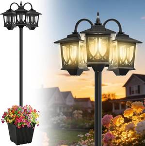 lot 121595 image: Retails for $128 3-Head Solar Lamp Post with Planter, 74 Solar Lamp Post Light