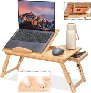 lot 121602 image: JELNER Adjustable Bamboo Laptop Desk with Cooling Fan, Foldable Bed Tray for Breakfast, Writing, and Drawing, with Tilting Top and Drawer, Portable Lap Desk for Bed, Sofa, and Floor.