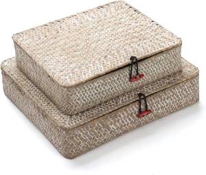 lot 221569 image: DOKOT Whitewash Flat Seagrass Storage Bins with Lid, Wicker Basket for Shelf Organize, Set of 2 (SmallLarge)