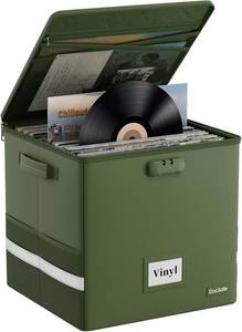 lot 221585 image: DocSafe Vinyl Record Storage Box with Lock, Fireproof Water Resistant Record Organizer for 100 Single Records(12-inch), Collapsible Storage Crate with Lid&Handles for Valuable Album Collection,Green