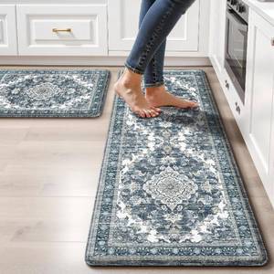 lot 221606 image: Boho Kitchen Mats for Floor 2PC Anti Fatigue Kitchen Rugs, Dark Blue