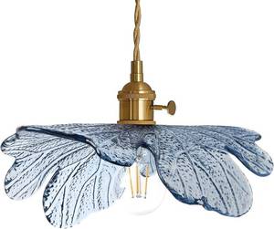 lot 221613 image: Vintage Glass Pendant Light Gold Brushed Brass Hanging Light with Blue Flower Glass Shade, Farmhouse Pendant Lighting for Kitchen Dining Room Bedroom, 1-Light