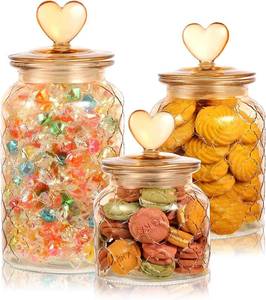 lot 321498 image: Rainmae 3 Pcs Heart Candy & Cookie Jars with Lids, 22 32 45 oz Cute Heart Shaped Airtight Food Storage Glass Cookie Containers for Kitchen Decorative Apothecary Canisters (Amber)