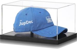 lot 321500 image: JupDec Hat Display Case, Clear Acrylic Baseball Cap Display Box Stand, UV Protection Signed Hat Transparent Showcase with Solid Wood Base Risers & Hat Shaper, Ideal Gift for Caps Collector, Black