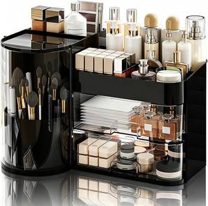 lot 321509 image: Makeup Organizer,Rotating Cosmetic Storage Organizer with Drawers,Large Capacity Makeup Brush Holder,Skincare Vanity Organizer for Bathroom Countertop,Black