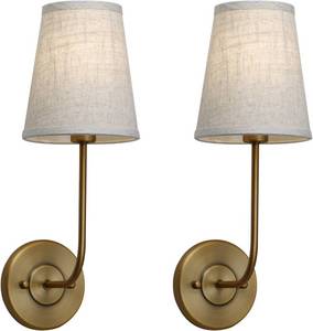 lot 321510 image: Pathson Set of 2 Vintage Wall Sconces Linen Fabric Shade, Hardwired Bathroom Vanity Lights Brass Finish, Industrial Wall Mounted Fixtures for Bedroom Living Room (Antique Brass)
