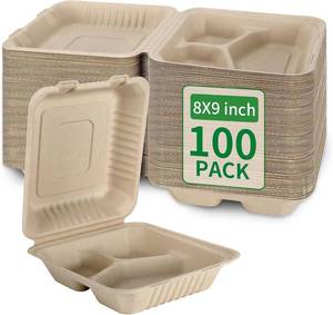 lot 421566 image: Aricsen 100 Pack 3 Compartment Compostable 8x9 Inch Takeout Lunch Box Containers with Lid To Go Take Out Clamshell for Food, Disposable Eco-Friendly Biodegradable Bagasse, PFAS-Free, Brown