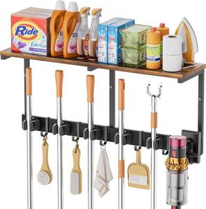 lot 421567 image: Broom Holder Wall Mount with Cleaning Supplies Organizer, Laundry Room Organization and Storage Shelves with Mop Hanger Rack Gripper Hooks, Utility Shelf Closet Organizer for Home Garage Kitchen