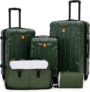 lot 421569 image: Retails for $150 Rosamo 5 Piece Hardshell Suitcase Set, 202428 Expandable Luggage Set with Matching Travel Bags, 22x14x9 Airline Approved Carry On, TSA Lock, Spinner Wheels, ABSPC (Green)