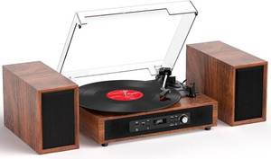 lot 421578 image: Retails for $110 Vinyl Record Player, Brown, 42 External Stereo Speakers (6 Speakers)