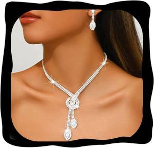 lot 421604 image: Unicra Silver Rhinestone Bridal Wedding Jewelry Set Crystal Necklace Earrings Sets Formal Prom Costume Jewelry Sets for Women and Brides