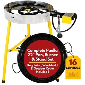 lot 131470 image: Retails for $175 Paella Burner and Stand Set 16 Servings, 22 Inch Paella Pan, Dual Propane Outdoor Stove with Stand & Regulator, Portable Gas Cooker for Camping Crawfish Boil Cooking Outdoor, Paellera Propano