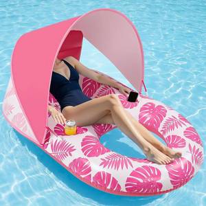 lot 131472 image: Inflatable Pool Floats with UPF50 Canopy-Removable-120  Adjustable, Large Pool Beach Floating Raft Lounge with 2 Cup Holders