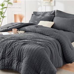 lot 131498 image: HYMOKEGE Full Size Comforter Sets Seersucker 7 Pieces, All Season Luxury Bed in a Bag for Bedroom, Bedding Set with Comforters, Sheets, Pillowcases & Shams, Dark Grey