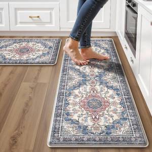 lot 331308 image: Boho Kitchen Mats for Floor 2PC Anti Fatigue Kitchen Rugs, Retro Blue