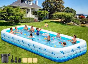 lot 331309 image: Retails for $180 Extra Large Inflatable Swimming Pool   165 x 76 x 22 Oversized Blow Up Pool for Adults, Big Family Backyard Pool with Pump, Thickened Kiddie Pool for Summer Water Party, Easy Set Up
