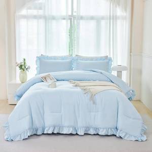 lot 331313 image: ANGIYUIN Light Blue Ruffle Girls Comforter Set Twin Size 5 Pieces Ruffled Farmhouse Bed in A Bag Solid Boho Bedding Comforter Sets Soft Fluffy Bed Sets for Kids Girl(Light Blue Twin)