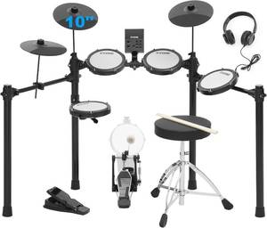 lot 331320 image: Retails for $240 RVONE Electric Drum Set for Beginner with Kick Hammer Pedal,10 Cymbals, 4 Mesh Pads, Supports Sensitivity Adjustment,150 Sounds 15 drum kits, all-in-one drum set with Throne, Headphones, Sticks