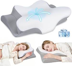 lot 331326 image: Cervical Neck Pillow, Memory Foam Pillows for Neck and Shoulder Pain Relief, 2 Heights Ergonomic Pillow with Breathable Ice Silk Cover, Neck Support Pillow for Side Sleepers White