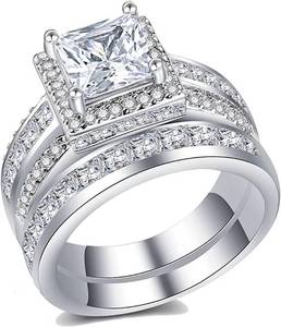 lot 331341 image: CEJUG 3Ct Princess Wedding Rings for Women Engagement Ring Set Bands 18k White Gold Plated Halo Cz Size 6-10