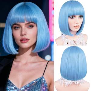 lot 331352 image: MAYSA Blue Bob Wig With Bangs, Short Straight Bob Wig for Women, Cosplay Daily Party Synthetic Colorful Wigs 12Inch # Baby Blue