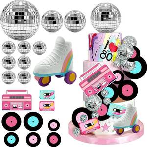 lot 331355 image: 20 PCS Roller Skate Cake Topper Disco Ball Cake Toppers Retro Hip Hop Theme Party Cake Decoration for Boys or Girls 80s 90s Skating Theme Party Decorations (White)