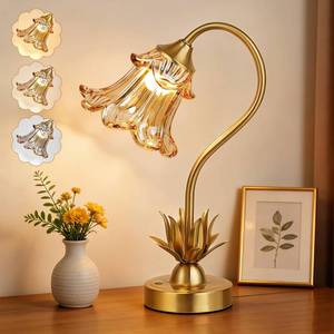 lot 431468 image: PARTPHONER Cordless Flower Table Lamp with Glass Lampshade, 5000mAh Rechargeable Battery, 3-Color Dimmable Touch Control, Portable Desk Lamp for Nightstand, Patio, Camping, Restaurant & Home, Amber