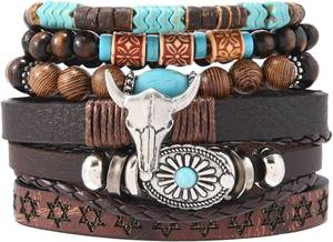 lot 431497 image: Western Bracelet for Women,Bohemian Cowgirl Turquoise Beaded Stretch Bracelets,Vintage Stackable Bull Head Cowboy Boots Feather Bracelets Set,Country Ethnic Western Jewelry Accessories for Women Men