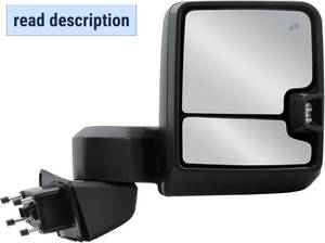lot 431474 image: Retails for $211 Passenger Right Side Door Towing Mirror Power Heated Glass with Turn Signal Light Backup Light and Temperature Sensor Textured Back Cover Manual Folding Manual Telescope for 19-25 GMC Sierra 1500
