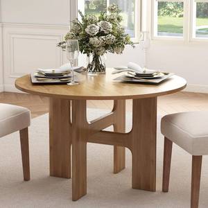 lot 187317 image: Retails for $290 Round Wood Dining Table for 4-6, 47 Inch Modern Circle Kitchen Tables with Pedestal Base, Farmhouse Dinner Table for Dining Room, Living Room, Home, Natural Oak