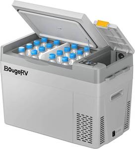 lot 461433 image: Retails for $212 BougeRV 12V Refrigerator CRPRO 30QT, -8 F50 F, Portable 12V Fridge, Grey  Electric Cooler with Built In Storage Compartment, 4 Tie Down Points, No Ice Needed, Fridge or Freezer, 1224V DC, 110V AC