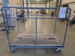 lot 1066 image: Industrial Platform Cart with Wood Decking and Side Rails on Casters