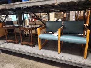 lot 4037 image: 2 Upholstered Armchairs with 2 Wooden Side Tables