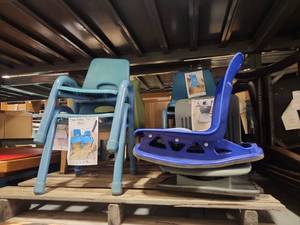 lot 4047 image: Assorted Classroom Chair Lot - Blue Childrens Stack Chairs and Floor Rocker Seats