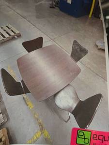 lot 4063 image: Cafeteria Table with 4 Attached Cantilever Chairs Dark Brown Seats