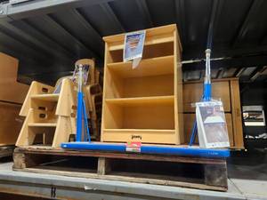 lot 4090 image: Wooden Shelving, Table and Childrens Chair Lot