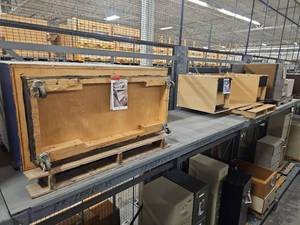 lot 4168 image: Work Table on Casters, Wooden Desk, Student Desk W Hutch