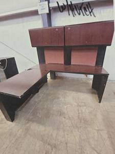 lot 4210 image: L Shaped Cherry Office Desk With Overhead Cabinet