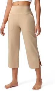 lot 4022 image: Capri Pants for Women Wide Leg Yoga Capris with Pockets Stretch High Waist Crop Pants Loose Travel Navy Medium