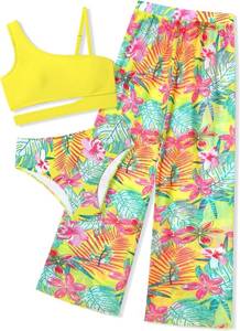 lot 4027 image: Girls Swimsuit Size 15-16 Yellow Bikini Floral Print Swimsuits for Teen Girls Kid Cutout High Waist Bikini Set with Cover Up Pants 3 Piece Yellow 1516