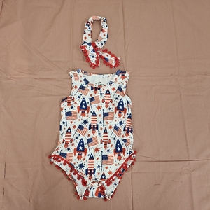 lot 4029 image: Baby Girl Romper with Headband Sleeveless Outfit 0-24 months Girl Clothes Print,Pom-Pom Trim, Easy Diaper Snap Size 110