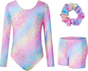 lot 4030 image: Gogokids Long Sleeve Gymnastics Leotards for Girls Sparkly Dance Ballet Outfits Tumbling Biketard with Shorts for 9-10 Years PinkPurple