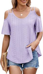 lot 4031 image: Eyelet Tops for Women Short Sleeve T Shirts Summer Spring Fashion Trendy Clothes Cold Shoulder Blouses Purple XL