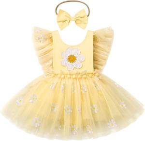 lot 4035 image: ODASDO Infant Baby Girls Strawberry Flower Flutter Sleeve Princess Romper Dress First Birthday Cake Smash Outfits Yellow 12-18 Months