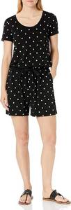 lot 4048 image: Womens Casual Summer Short-Sleeve Scoop Neck Romper with Elastic Waist Black with White Dots Large