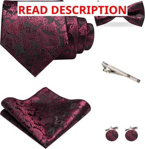 lot 4057 image: JEMYGINS Mens Paisley Tie and Pre-tied Paisley Bow Tie with Pocket Square Cufflinks Clip Set Color is Green