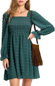 lot 4069 image: EXLURA Womens Fall Long Sleeve Party Swiss Dot Dress Smocked Ruffle Cocktail Mini Dresses Green Medium